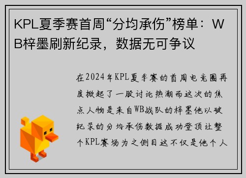 KPL夏季赛首周“分均承伤”榜单：WB梓墨刷新纪录，数据无可争议