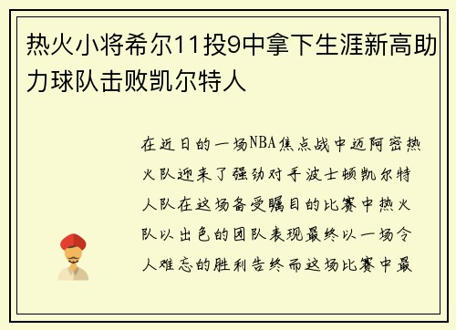 热火小将希尔11投9中拿下生涯新高助力球队击败凯尔特人