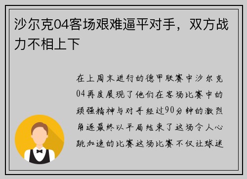 沙尔克04客场艰难逼平对手，双方战力不相上下