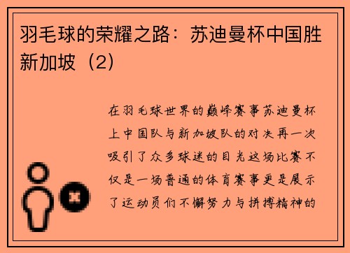 羽毛球的荣耀之路：苏迪曼杯中国胜新加坡（2）