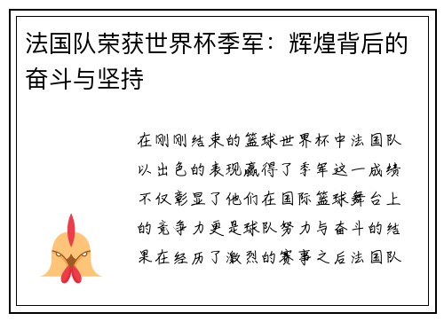 法国队荣获世界杯季军：辉煌背后的奋斗与坚持