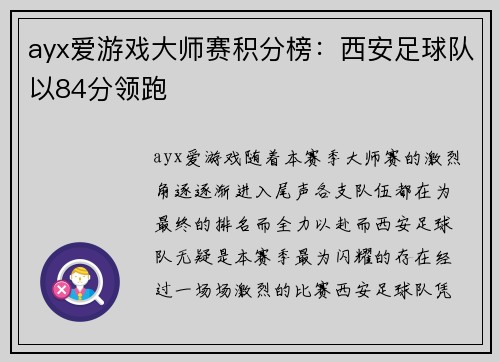 ayx爱游戏大师赛积分榜：西安足球队以84分领跑