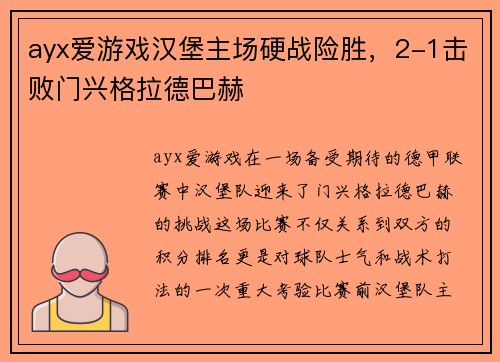 ayx爱游戏汉堡主场硬战险胜，2-1击败门兴格拉德巴赫
