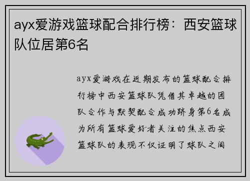 ayx爱游戏篮球配合排行榜：西安篮球队位居第6名