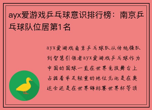 ayx爱游戏乒乓球意识排行榜：南京乒乓球队位居第1名
